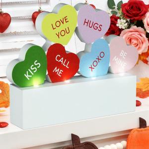 Bucherry Valentines Day Table Decor with Lights Wooden Conversation Heart Tabletop Decorations Light up Valentines Day LED Signs for Tiered Tray Home Mantel Centerpiece