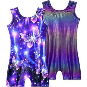 2 Pack Leotard for Girls Gymnastics Sparkly Tumbling Unitards with Shorts Sleeveless One Piece Biketards (6-7 Years, Purple)
