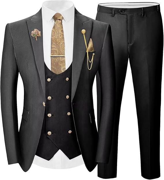 Wangyue 3 Pieces Suits for Mens Slim Fit Gold Button Double Breasted Suit Men Tuxedos Wedding Suits Set Mens White Suit, XS