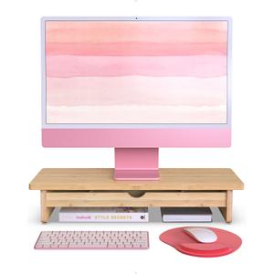 Bamboo Monitor Stand with Large Storage Drawer,23 Inch Ergonomic Computer Riser for Desk, Holds Up to 220lbs, Screen Shelf with 5 Compartments for Keyboard & Stationery Organization