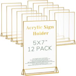 Acrylic Gold Sign Holder,Wedding Table Numbers Picture Frames, Double Sided Menu Holders Picture Frames for Restaurants, Home, Photo, Store (5 x 7-12 Pack)