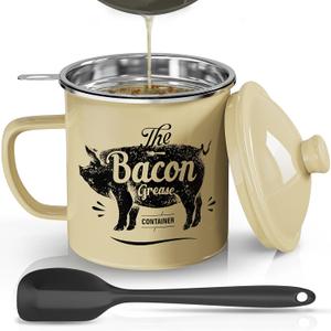 Bacon Grease Container With Strainer, 46OZ Large Enamel Grease Container, With Silicone Spatula, Farmhouse Bacon Grease Keeper, Cooking Oil Container For Kitchen Fat Storage, Dishwasher Safe-Beige