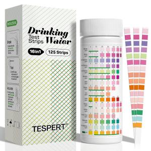 TESPERT Drinking Water Test Strips 125ct 16 in 1 30s Quick Screening for Hardness, pH, Iron, Nitrite, Copper, Chlorine, Nitrite, Carbonate, Lead, Alkalinity...Well, Tap, Home, City Water Testing