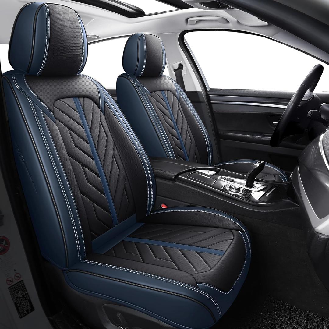 Tomatoman Car Seat Covers Full Set,Universal Automotive Breathable Leather Vehicle Cushion Full Coverage Protectors Fit for Most Cars SUV Pick-up Truck(Full Set/Black Blue)