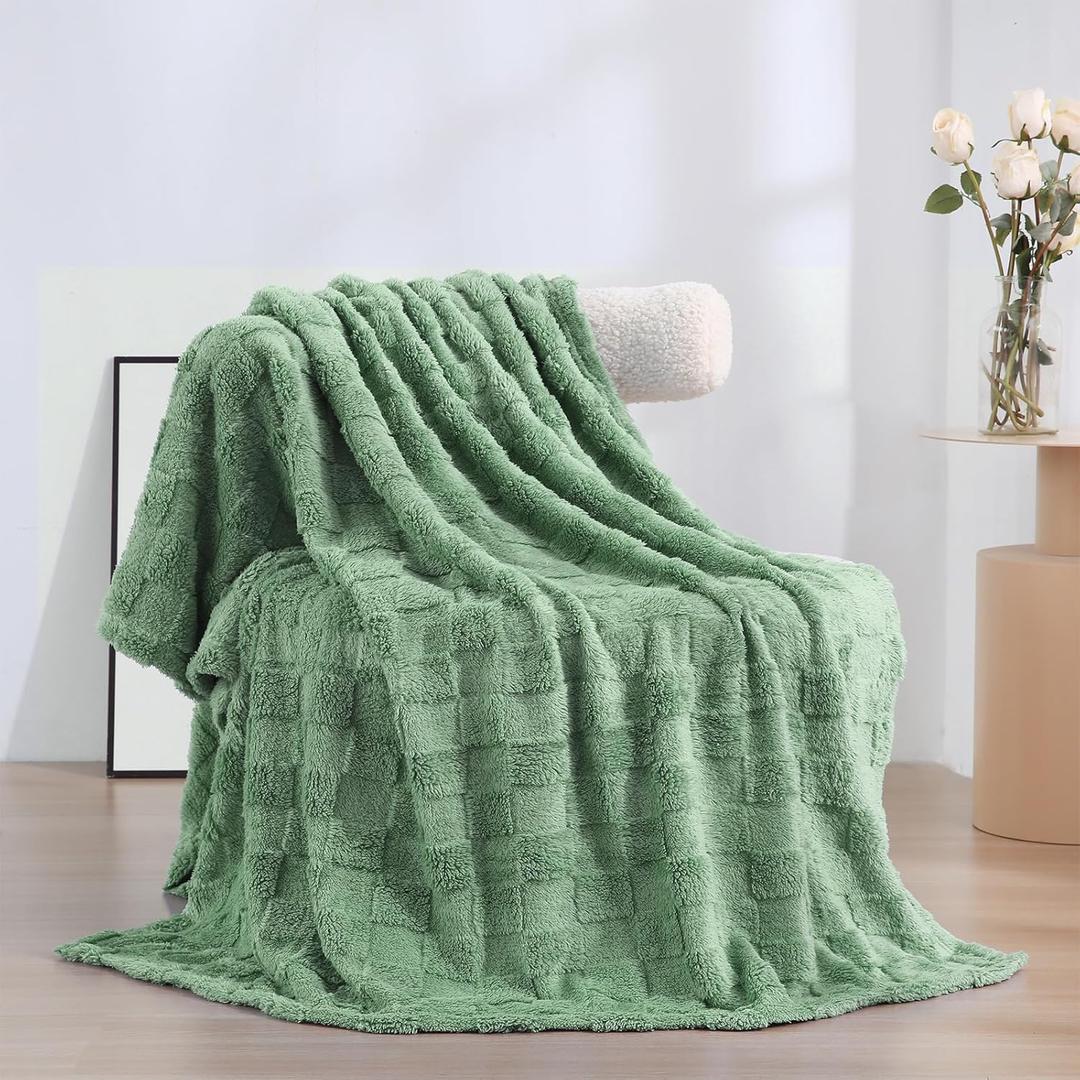 Spring Fleece Throw Blanket 5060 for Couch Sofa Bed, Super Soft Cozy Plush Microfiber Flannel Blanket with 3D Checkered Design Lightweight for Adults, Woman, Girls, Sage Green 