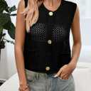 Saodimallsu Womens Crochet Sweater Vest Button Down Sleeveless Crew Neck Boho Knit Crop Tank Tops Summer Cardigans (Black, S)