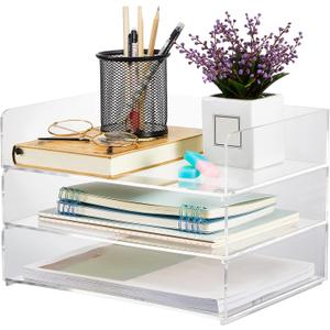 Yulejo 3 Tier Acrylic Desk Organizers and Accessories, 12.4 x 8.74 x 2.68 Inch Clear Paper File Organizer Tray for Office Workspace Organization Stackable Document