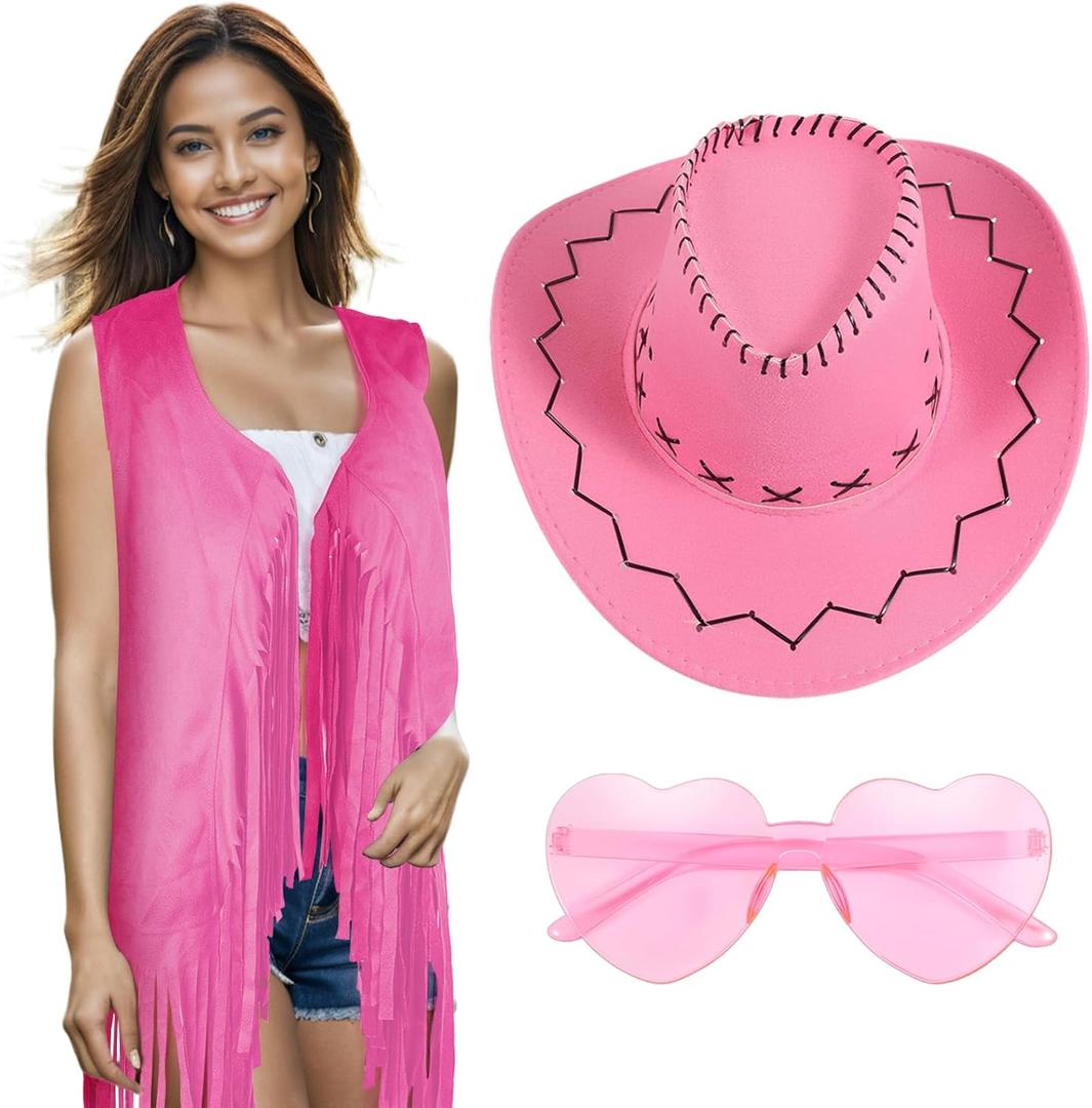 Cowgirl Outfits for Women 60s 70s Hippie Sleeveless Fringe Vest with Cowboy Hat and Sunglasses Halloween Costumes (Pink), Size XL