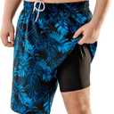 BRISIRA Big and Tall Mens Swim Trunks with Compression Liner Swimsuit Bathing Suit Swim Shorts Board Shorts Quick Dry 1X-6X (Blackbluetropical)
