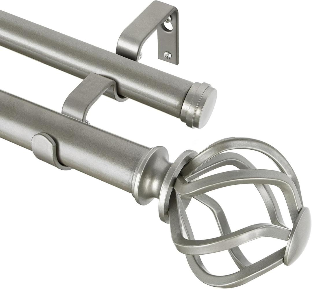 KAMANINA 1 Inch Double Curtain Rods 66 to 120 Inches (5.5-10 Feet) Telescoping Heavy Duty Drapery Rod for Windows 54 to 115 with Twisted Cage Finials, Antique Silver