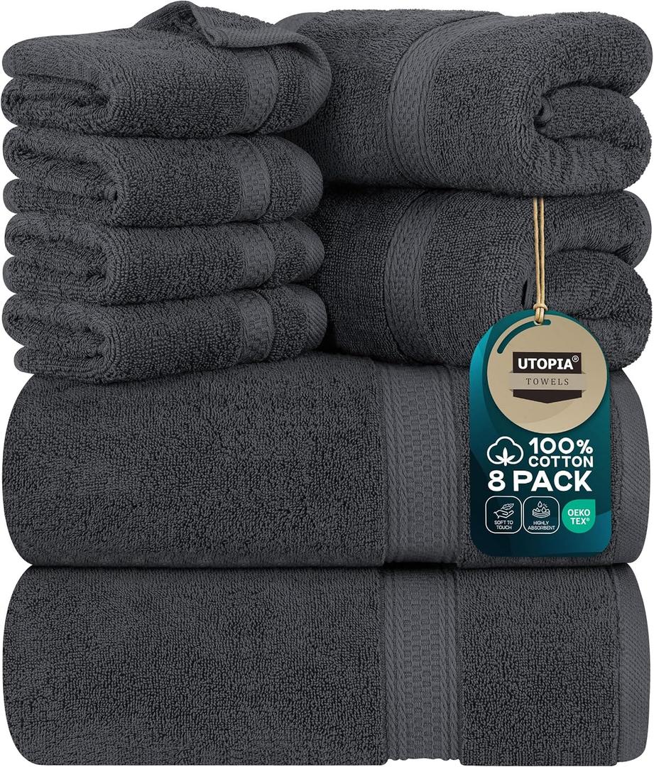 Utopia Towels 8 Piece Premium Towel Set, 2 Bath, 2 Hand, and 4 Wash Cloths, 600 GSM 100% Ring Spun Cotton, Highly Absorbent Towels for Bathroom, Gym, Hotel, and Spa, Grey