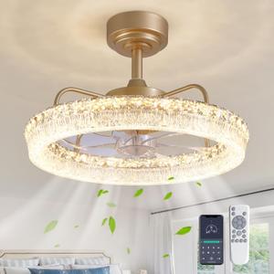 20'' Ceiling Fan with Lights and Remote, 3000-6000K Dimmable Low Profile Crystal Ceiling Fan, 6 Wind Speeds Modern Flush Mount LED Fandelier for Bedroom Living Room, Gold
