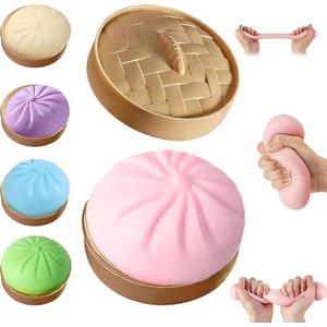 Dumpling Squishies, Giant Glitter Dumpling, Colorful Dumplings Stress Balls Fidget Sensory Stress Ball,Squeeze Dough Ball Stress Relief Hand Stress Ball with Food Steamer Stretchy Desk (Pink)
