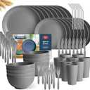 Teivio 32-Piece With Flatware Kitchen Plastic Wheat Straw Dinnerware Sets, Service for 8, Dinner Plates, Dessert Plate, Cereal Bowls, Cups, Unbreakable Plastic Outdoor Camping Dishes, Grey (Deep Gray)