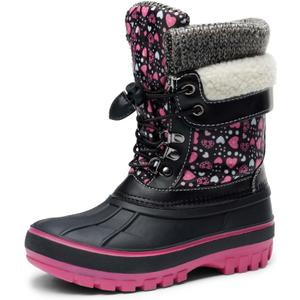 DREAM PAIRS Boys Girls Snow Boots Water-Resistant Outdoor Warm Cozy Anti-Slip Mid Calf Faux Fur Lining Insulated Winter Shoes for Little/Big Kids (Black/Fuxia)