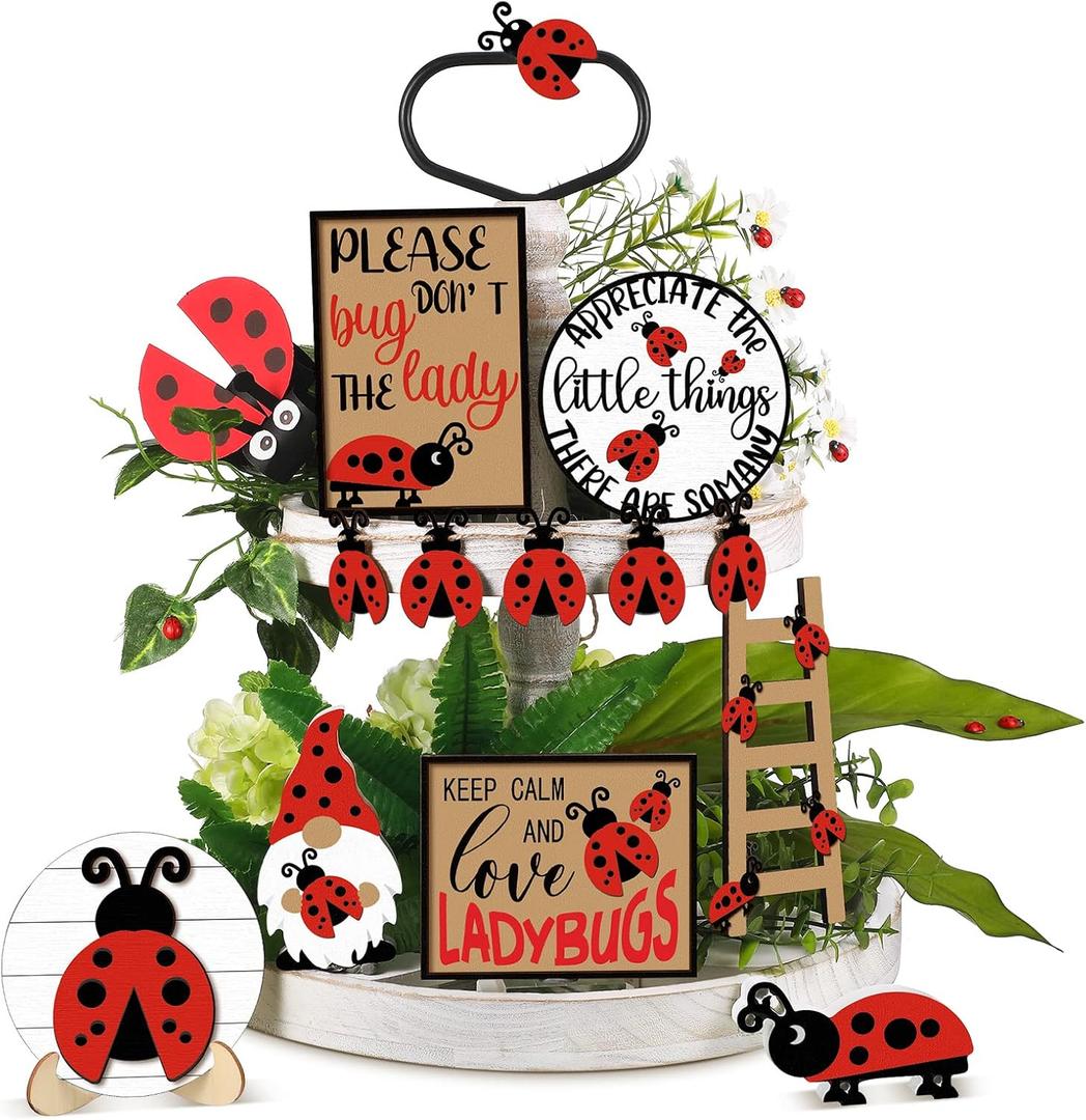 Jetec 12 Pcs Red Ladybug Tiered Tray Decor Set Spring Summer Wood Sign Rustic Farmhouse Decor Ladybird Tiered Decorative Trays Signs for Home Kitchen Decorations (Ladybug)