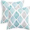 CaliTime Throw Pillow Cases Pack of 2 Cozy Fleece Two-Tone Geometric Tree Leaves Decorative Cushion Covers for Couch Bed Sofa Farmhouse Decoration 18 X 18 Inches Teal Grey