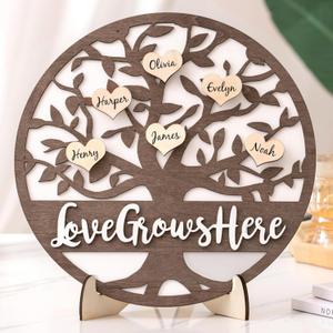 Personalized Family Tree Gifts, Wooden Love Grows Here Family Name Sign with 20 Hearts, Custom Christmas Birthday Gifts for Mom, Grandma, Mother in Law, Families (Dark Brown)