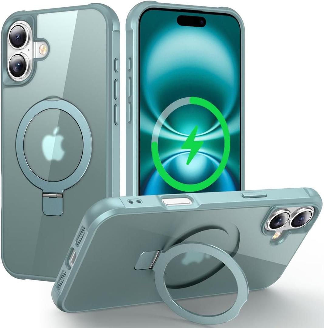 Magnetic Compatible with iPhone 16 Case with Stand [Military Grade Drop Tested][Compatible with Magnet] Ring Translucent Slim Hard Back Soft Edge, Teal Green