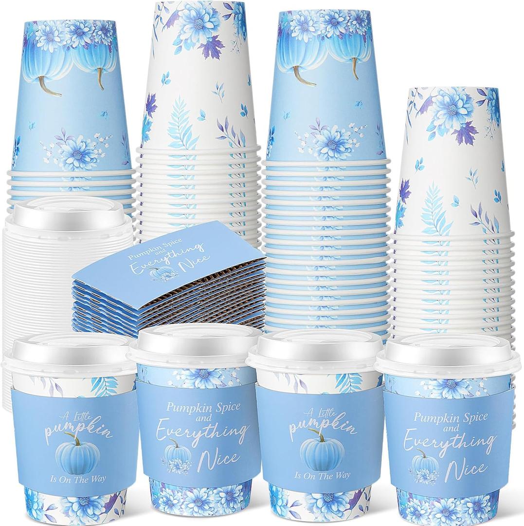 Meanplan 48 Pack 8 oz Little Pumpkin Baby Shower Coffee Cup with Lids and Sleeves A Sweet Little Pumpkin is On The Way Paper Disposable Cup For Thanksgiving Baby Shower Gender Reveal Party(Blue)