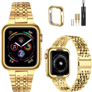 MioHHR Compatible with Apple Watch Band 45mm 44mm 42mm (Series 3/2/1), Solid Stainless Steel Metal Strap Band for iWatch Series  3 2 1, Gold