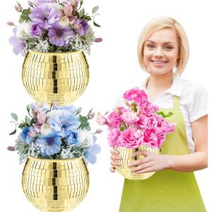 2 Pcs Disco Ball Vase,4.4 x 6 Inch Mirrored Disco Ball Planter,Disco Ball Candle Holders Perfect Disco Decorative Planters for Living Room Bedroom Table Wedding Party Birthday(Gold)