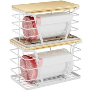 TIDIIABODE 2 Pack Stackable Laundry Room Organization and Storage, Laundry Room Decor and Accessories, Trash Bag Holder with Bamboo Top and Garbage Bag Dispenser, White