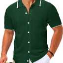 LETSEE Mens Short Sleeve Button Down Shirts Knit Polo Shirt Summer Beach Tops Resort Wear 2025 (Large, Dark Green)
