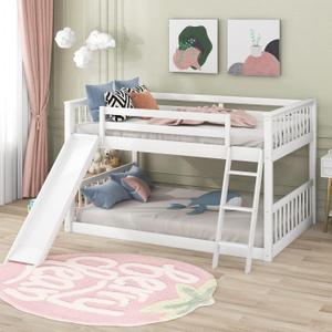 Bellemave Full Over Full Low Bunk Bed with Slide and Ladder, Low Bunk Bed for Kids, Girls, Boys, Floor bunk Bed, White