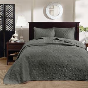 Madison Park Quebec Reversible Damask Design, Double Sided Quilting All Season, Lightweight Coverlet Bedspread Bedding Set, Matching-Shams, Queen(102"x118"), Dark Grey