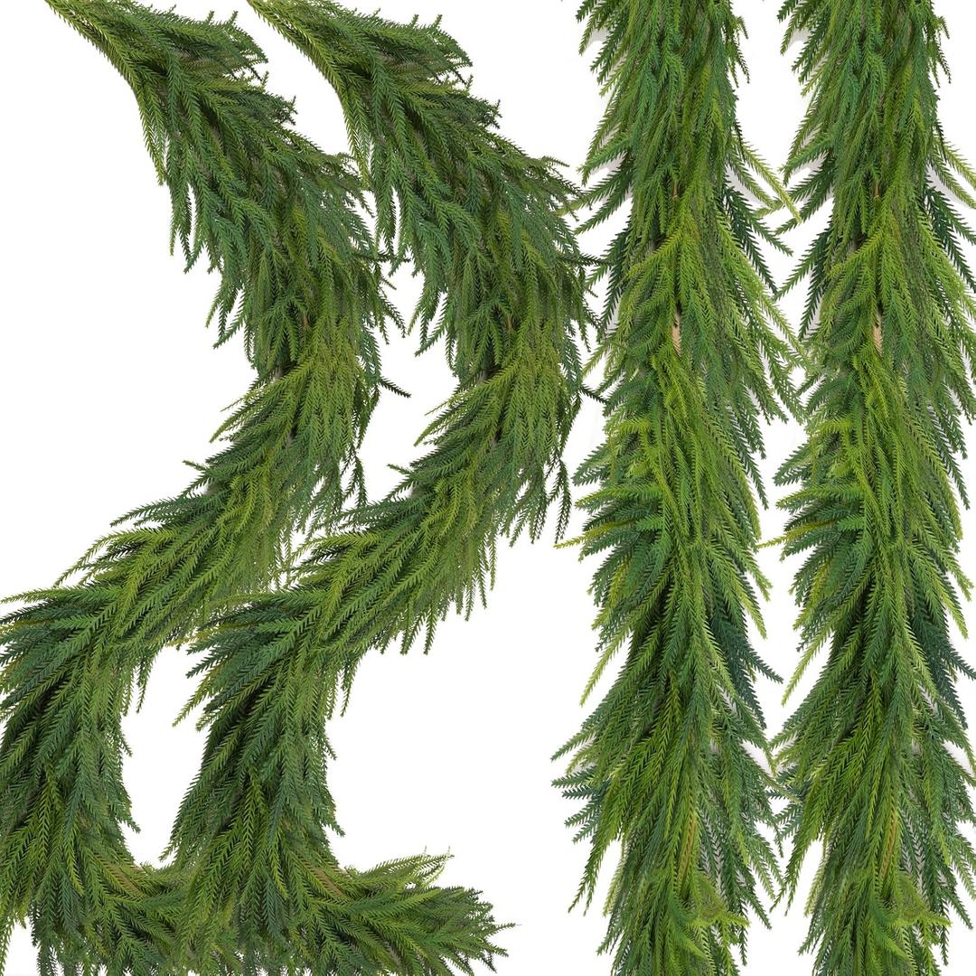 2 Pcs Artificial Norfolk Pine Garlands Christmas, 9 FT Dense Real Touch Winter Pine Garland Ornament, Green Artificial Greenery Garland for Table, Mantle, Wall, Indoor, Outdoor Christmas Decorations