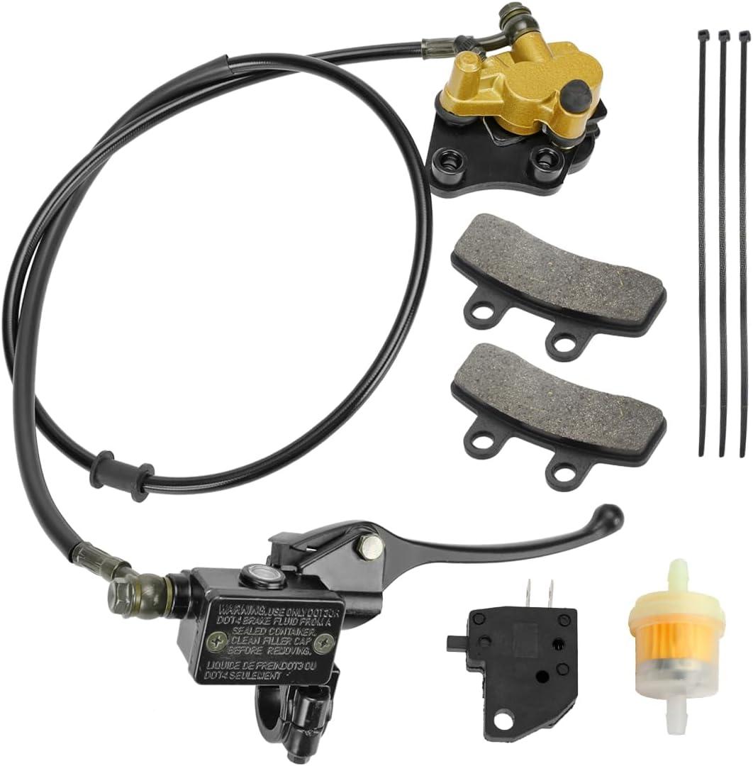 FVRITO Front Disc Hydraulic Brake Master Cylinder Caliper Assembly and Pads for 50cc 70cc 90cc 110cc 125cc SSR Apollo RFZ Taotao Coolster SDG 107 Thumpstar Pitster Pro DHZ Chinese Pit Dirt Bike Parts (Black+Gold)