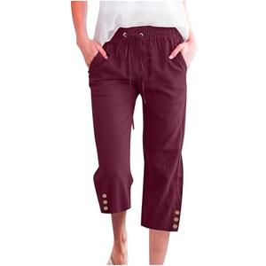 Womens Summer Capris Pants Causal Drawstring Elastic Waist Pants Lightweight Trousers Buttons Trim with Pockets Wine Red, XXL