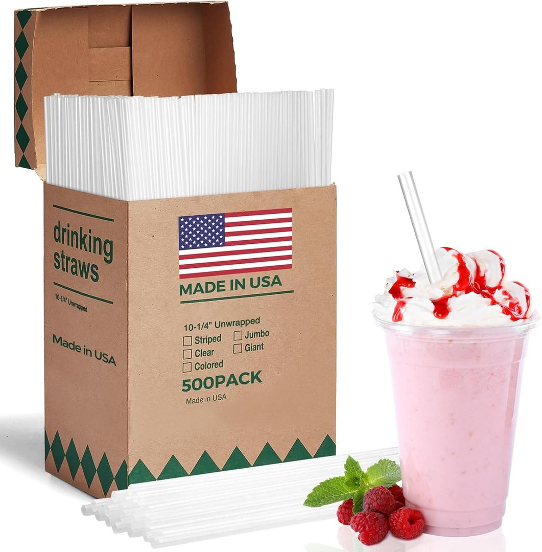 Glotoch Express 500 PCS Plastic Straws  10.2 Inch Long, 6mm Straws Disposable for Iced Coffee, Cola  Food-Safe, BPA-Free, Made in USA (500 Ct (Not Individually Wrapped))
