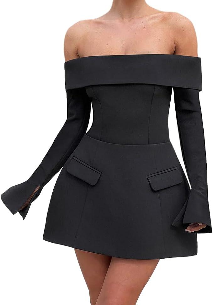 Women Sexy Mini Dress Off Shoulder Long Sleeve A Line Dress Short Formal Dresses Party Clubwear, XL