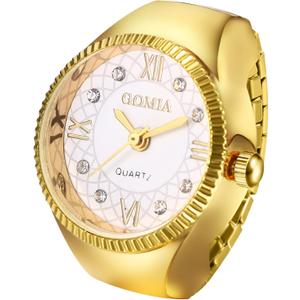 OIDEA Finger Watch for Women Men: Simple Elegant Round Dial Stainless Steel Stretchy Elastic Band Quartz Watch Ring for Valentine's Day Christmas Birthday Gifts (1.gold strap)