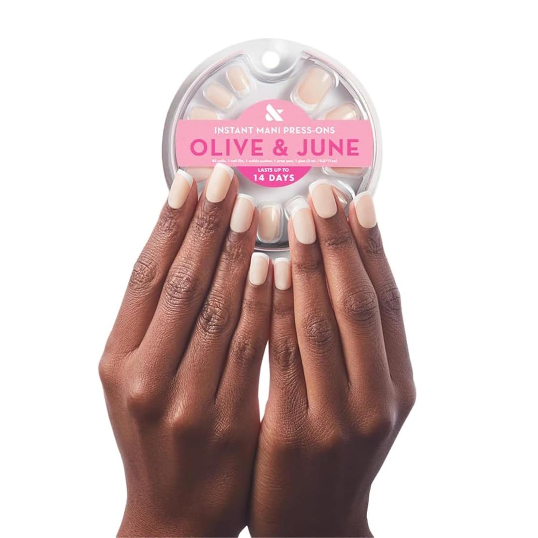 Olive & June Instant Mani Press-On Nails (Glue) | 42 Fake Nails, 21 Sizes | Non-Toxic, Long-Lasting Recycled Materials Realistic Look | Spring Flowers & Patterns | Medium, Squoval | Classic French