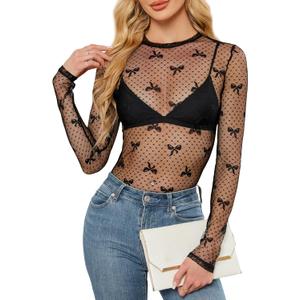 Lace Undershirt for Women Mesh Long Sleeve Floral Crochet Tops Sheer Layering Blouse Western Cowgirl Concert Outfits (Medium, Black Bow)