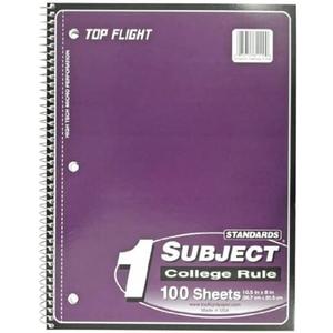 Top Flight Standards 1-Subject Wirebound Notebook, 100 Sheets, 3-Hole Punched, College Rule, 10.5 x 8 Inches, 1 Notebook, Color May Vary (31119)