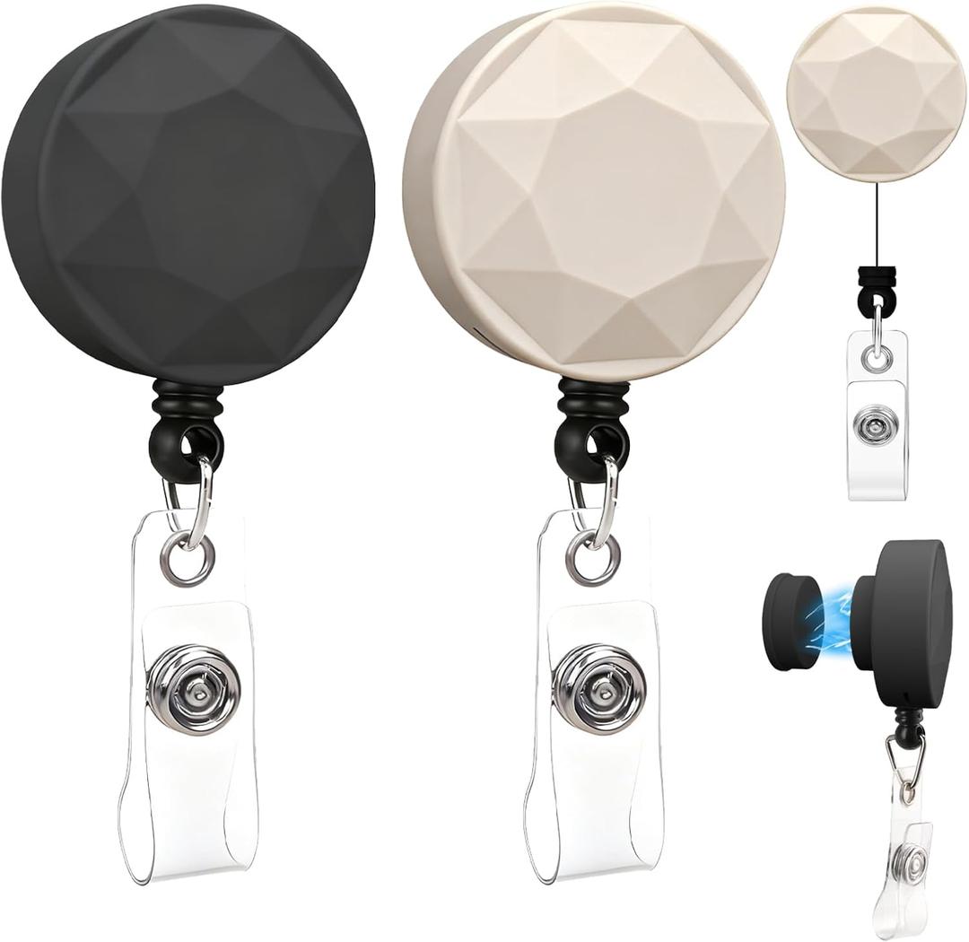 2 Pack Magnetic Badge Holder Reel with Strong Magnet Back - Retractable ID Card Clip for Nurses, Teachers, Office Professionals (Black & Beige)