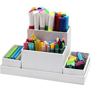 Desk Organizer,Office Desk Accessories,Paperboard Desktop Organizer with Pen Pencil Holder and Sticky Note Tray,Paperclip Storage, White (4)