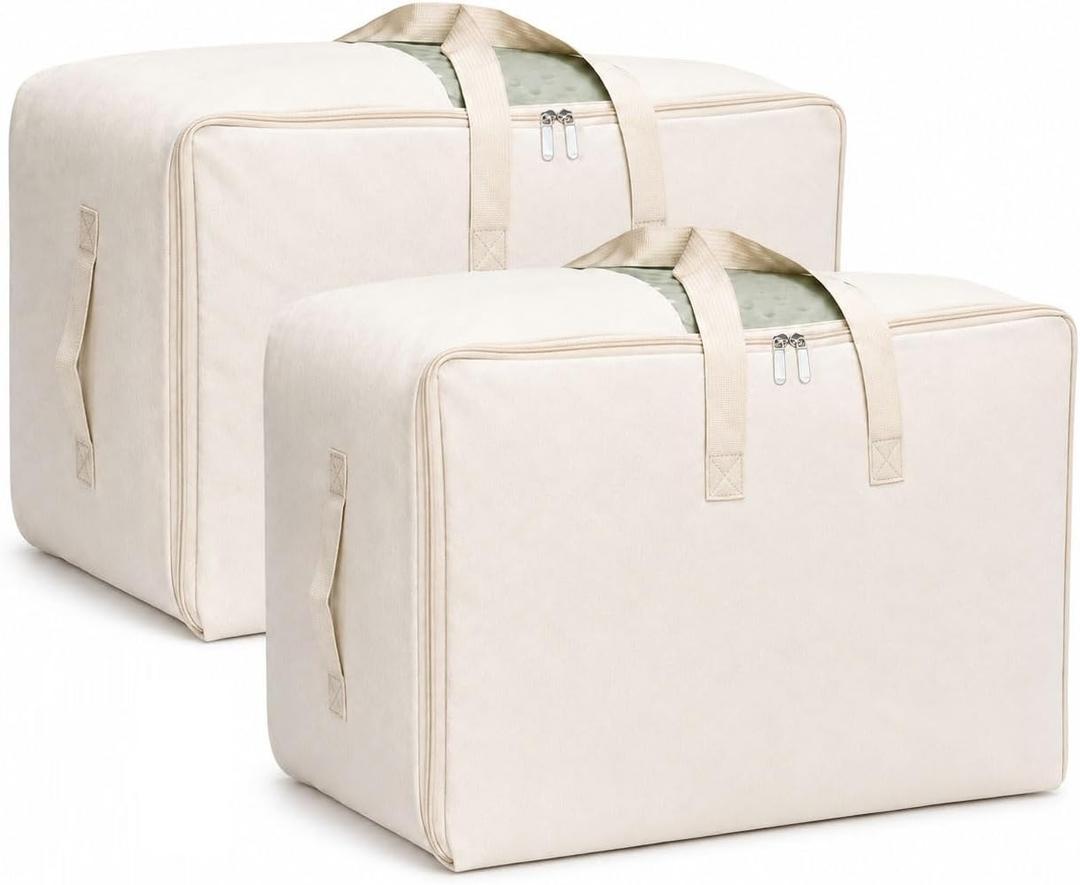 DoYiKe Soft Large Canvas Comforter Storage Bags with Four Carrying Handles and Clear Window, Closet Organizer for Clothing, Blankets Sheets Pillows and Bedding, 80L, 2 Pack, Beige