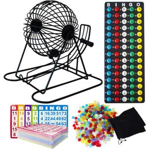 Yuanhe Jumbo Bingo Game Set - 11" Metal Round Cage, 75 Colored Balls, 100 Bingo Cards, 500 Mixed Chips and Master Board for Large Groups, Parties