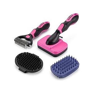 Dog Brush Kit for Grooming Short & Long Haired Dogs & Cats, 4-in-1 Pet Grooming Set with Self-Cleaning Slicker Brush, Deshedding Tool, Shampoo Bath Comb, Massge Comb (Pink Black) Missing Piece