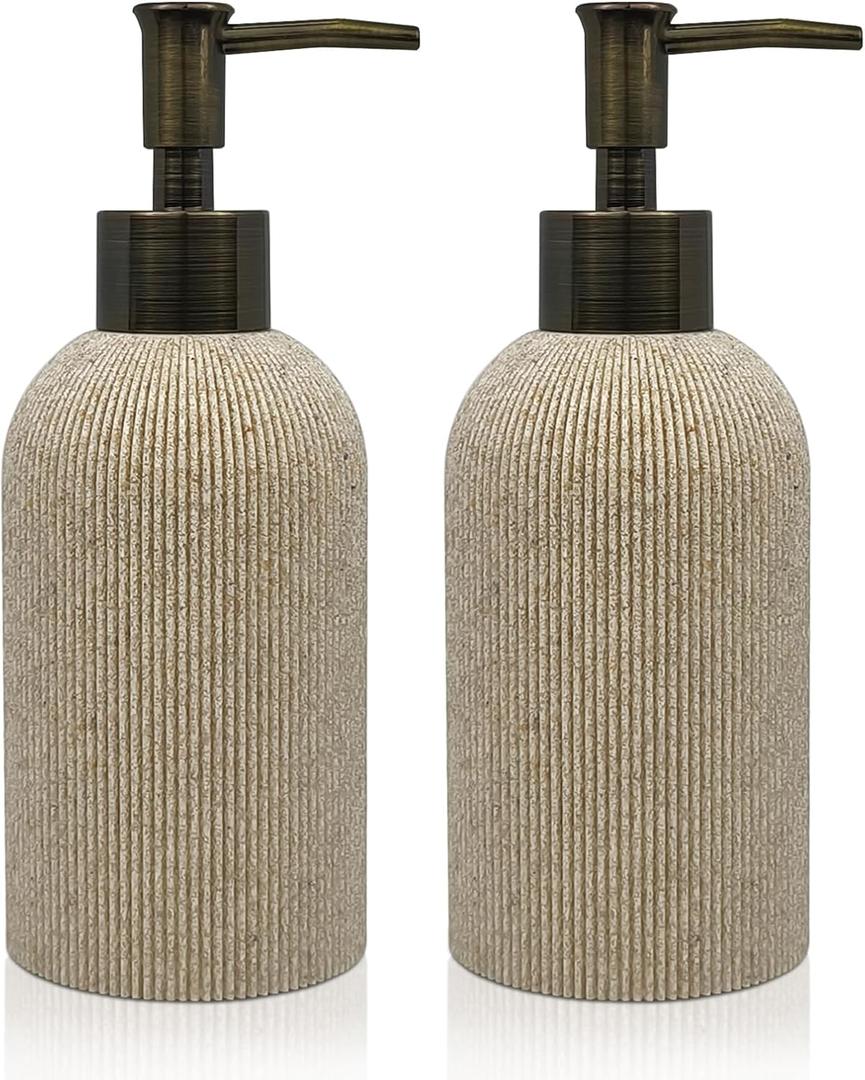 Hand Soap Dispenser for Bathroom and Kitchen Countertop, 10 oz Resin Soap and Lotion Dispensers Set with Plastic Rust Proof Pump, Boho Refillable Liquid Dish Soap Dispensers Bottle,Beige (2 Pack)