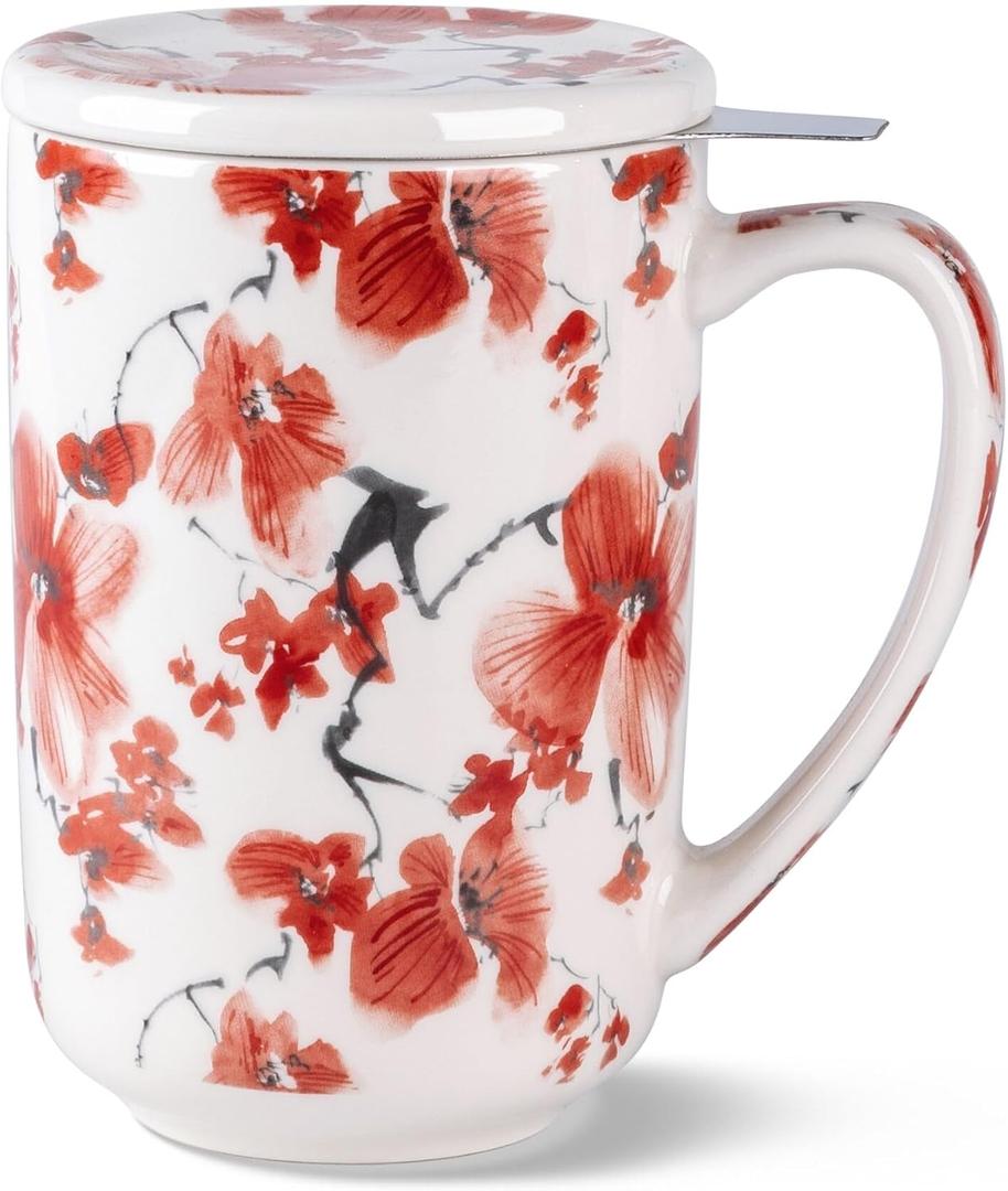 AmorArc Porcelain Tea Mug with Infuser and Lids, 18 Oz Coffee Cup Strainer with Bag Holder for Loose Leaf Tea, Steeping Coffee Mug for House-warming Wedding Birthday Gift (Sakura)