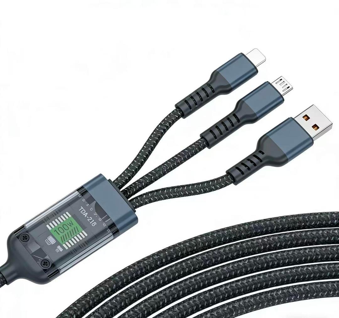 Hididi 100w Multi Fast Charging Cable, 3 in 1 Multi USB Cable Fast Charging Cord with IP/Type C/Micro USB Ports for Cell Phones