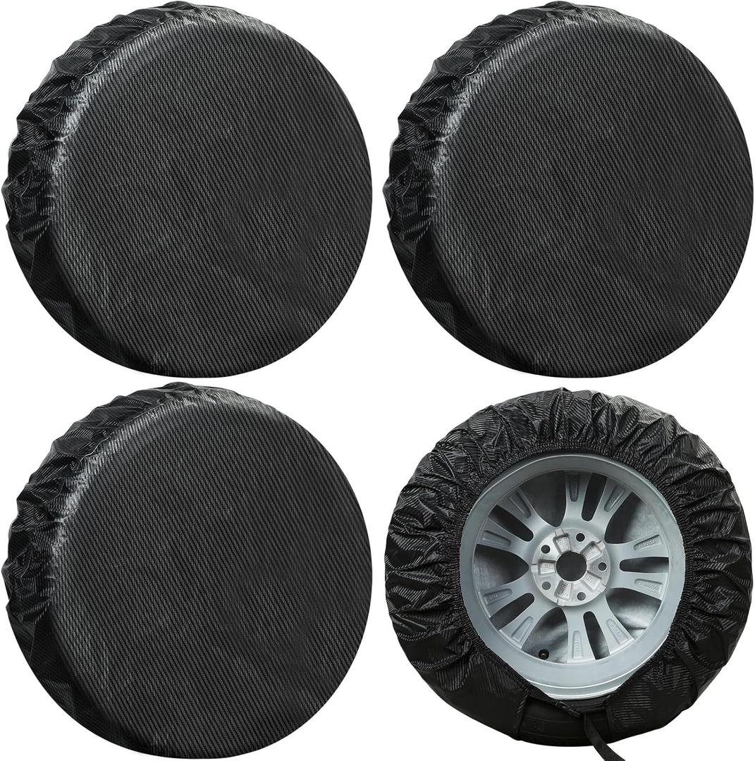 Tire Covers 4 Pack, Tough Tire Wheel Protector for Truck, SUV, Trailer, Camper, RV, Carbon Fiber Spare Tire Cover Sun Rain Snow Protector, Universal fit 32-34.5 inch tire diameters, Black