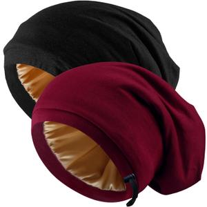 2 Pcs Adjustable Silk Hair Bonnet for Sleeping, Satin Lined Sleep Cap for Women and Men, Silk Hair Wrap Slouch Beanie. (Large-X-Large, Black & Red)