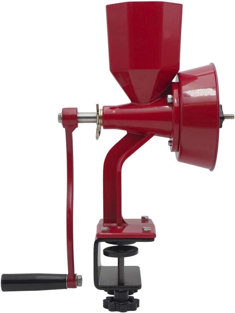 WONDERMILL Junior Deluxe Grain Mill for Flour, Hand Crank Wheat Mill for Grains, Nuts, Seeds, Oily Foods & Spices, Grain Grinder with Stone and Stainless Steel Burrs (Red)